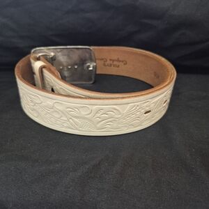 Embossed White Leather Belt